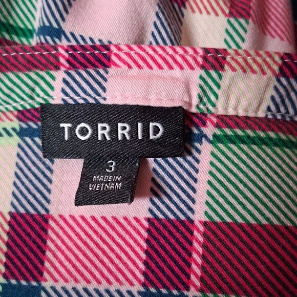 Torrid Dress Size 3 Plus Size 3X Pink Green Blue Pliad Roll Sleeve Midi Zip - Picture 16 of 16